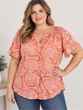 croft & barrow Coral and Cream Floral Button-Front Blouse